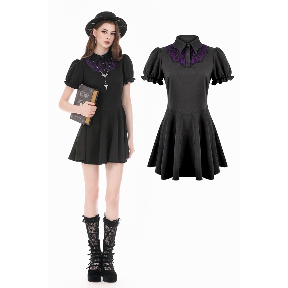 Dark in Love - Dark Academic Mesh Lace Patchwork Collar Puff Sleeve Short dress - Black/Purple